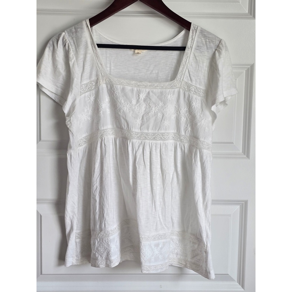 Lucky Brand Womens White Embroidered Lace Trim Babydoll Blouse Top Small